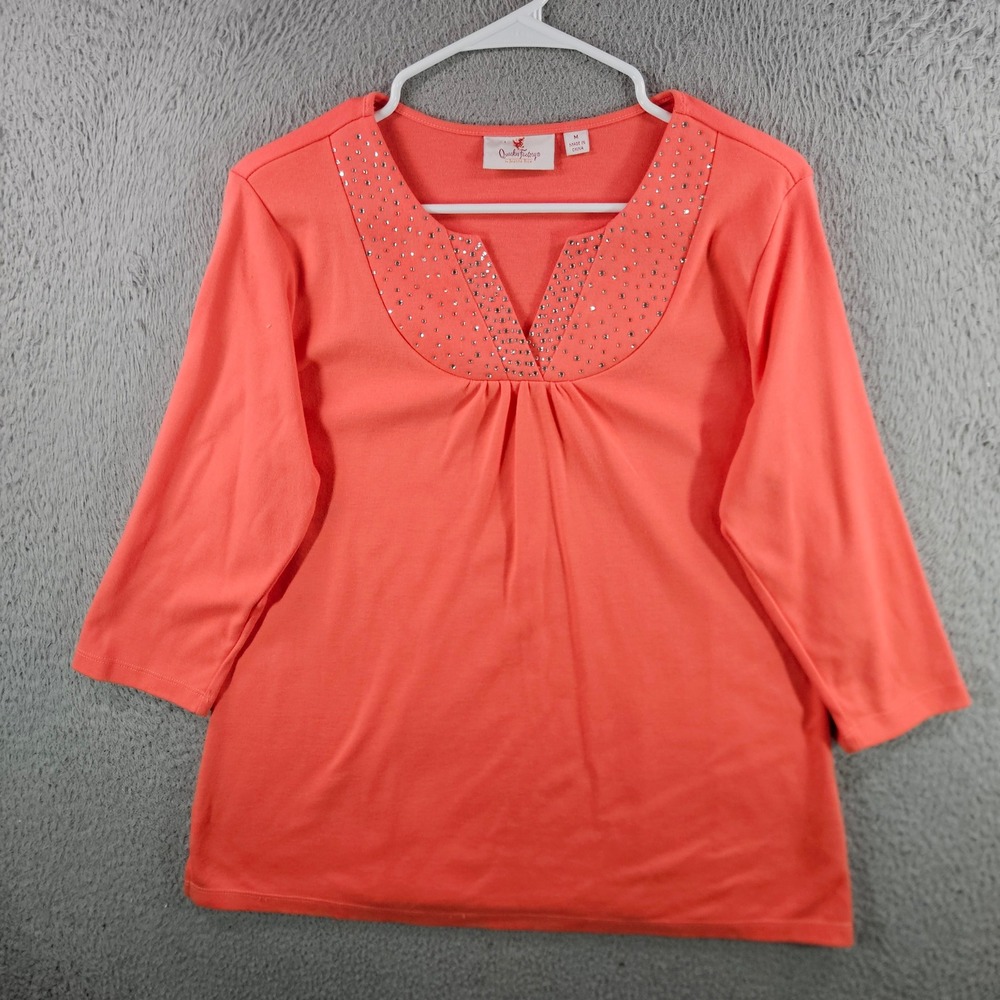 Quacker Factory Coral Rhinestone Split Neck 3/4 Sleeve Knit Top Womens Medium
